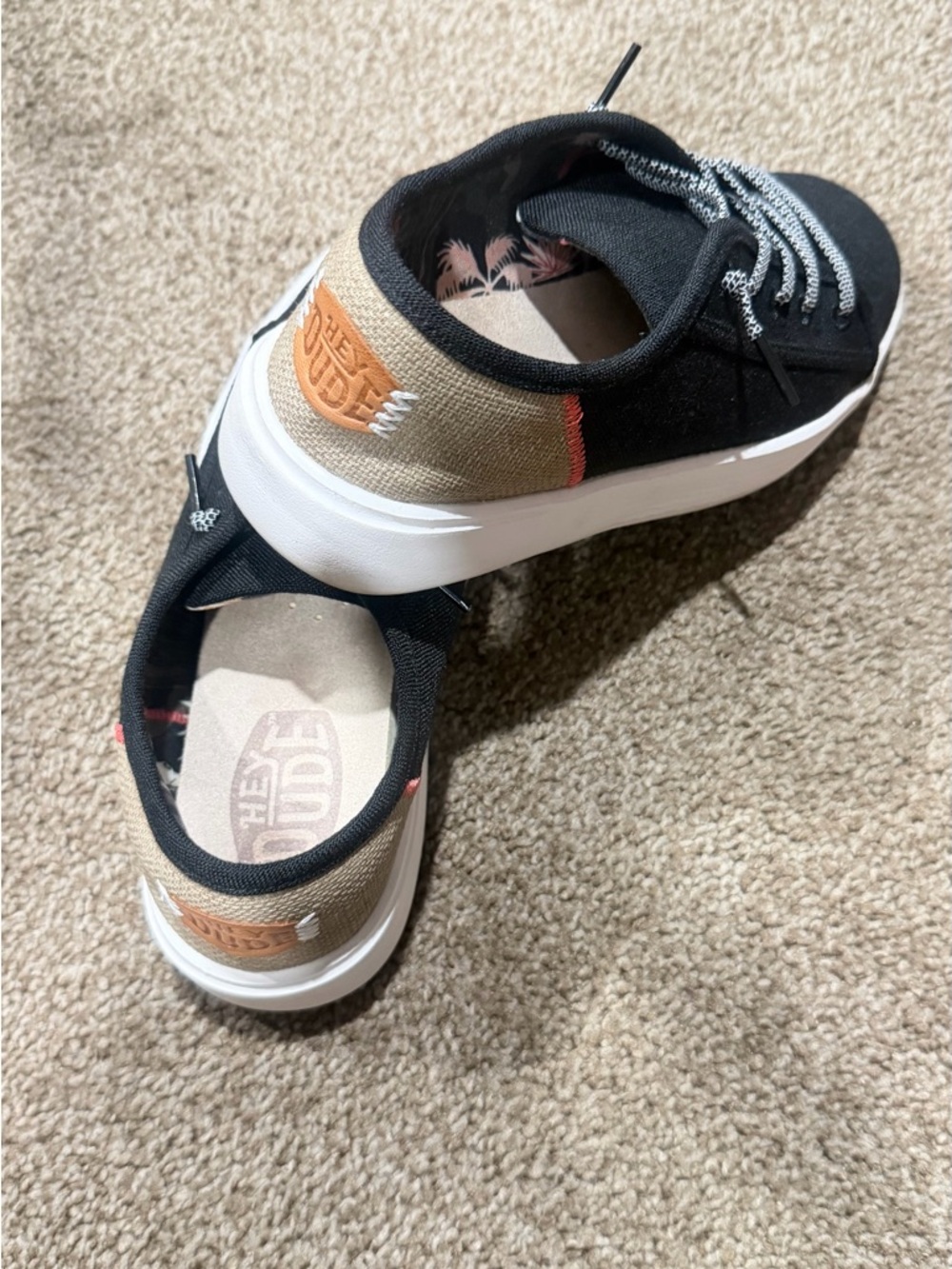 Hey Dude Black Canvas Sneakers with Tan Heel Patch and White Soles - Picture 4 of 5